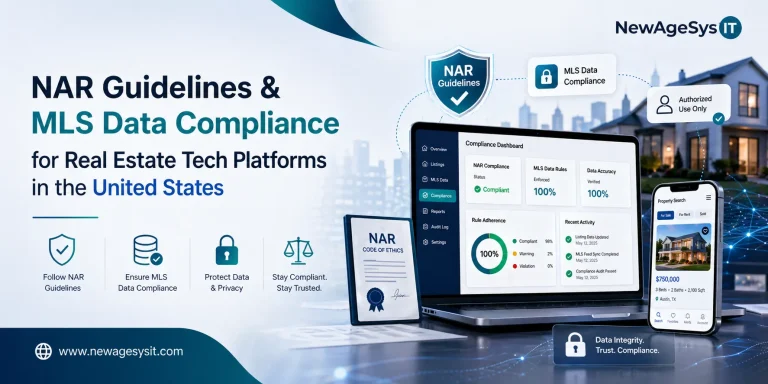 Real estate tech compliance dashboard showing NAR guidelines MLS data rules and 100 percent rule adherence with property search mobile app and NAR code of ethics in US city background