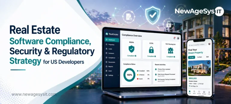 US real estate software compliance dashboard on laptop showing RESPA CCPA and Fair Housing Act compliance status at 100 percent with property search mobile app and residential building in background
