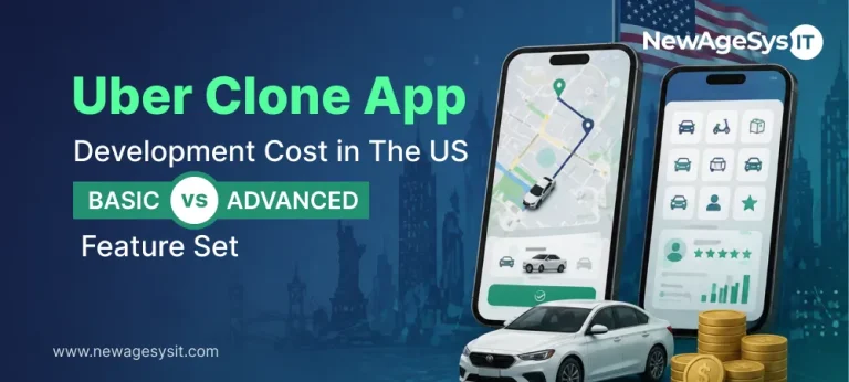 Uber clone app development cost comparison showing ride booking and vehicle selection screens on two smartphones with car and dollar coins in US city background