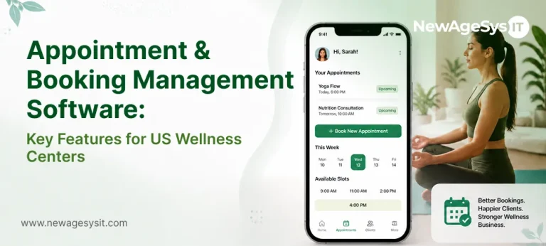 Banner for blog post "Appointment & Booking Management Software: Key Features for US Wellness Centers" featuring appointment booking interface with client appointments (Yoga Flow today 6:00 PM, Nutrition Consultation tomorrow 10:00 AM), weekly calendar, available time slots (9:00 AM, 11:00 AM, 2:00 PM, 4:00 PM), and "Better Bookings. Happier Clients. Stronger Wellness Business." NewAgeSysIT provides wellness appointment booking software with multi-provider scheduling, intake form integration, package redemption, and waitlist management for US wellness centers.