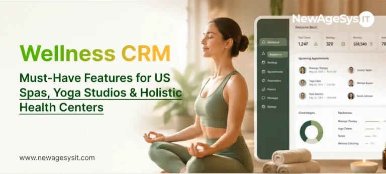 Wellness CRM dashboard on smartphone showing client bookings revenue and upcoming appointments for US spas yoga studios and holistic health centers with woman meditating in background