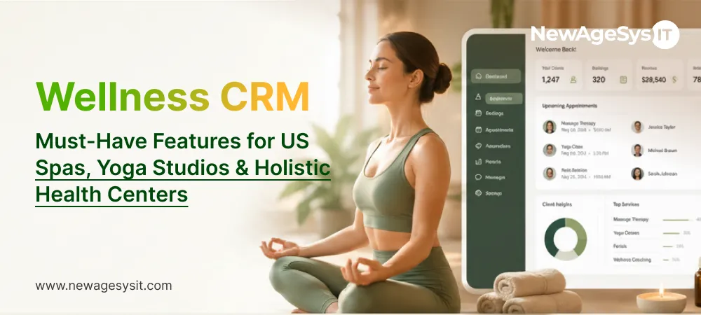 Wellness CRM dashboard on smartphone showing client bookings revenue and upcoming appointments for US spas yoga studios and holistic health centers with woman meditating in background