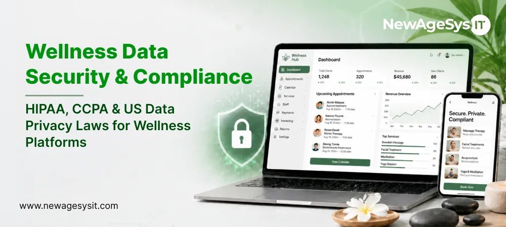 Banner for blog post "Wellness Data Security & Compliance: HIPAA, CCPA & US Data Privacy Laws for Wellness Platforms" covering data protection, privacy regulations, and compliance requirements for US wellness software. NewAgeSysIT provides HIPAA and CCPA-compliant wellness platform development.