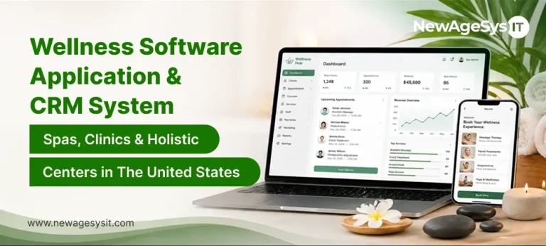 Wellness software and CRM system dashboard on laptop showing client appointments revenue overview and top services alongside a mobile booking app for US spas clinics and holistic centers