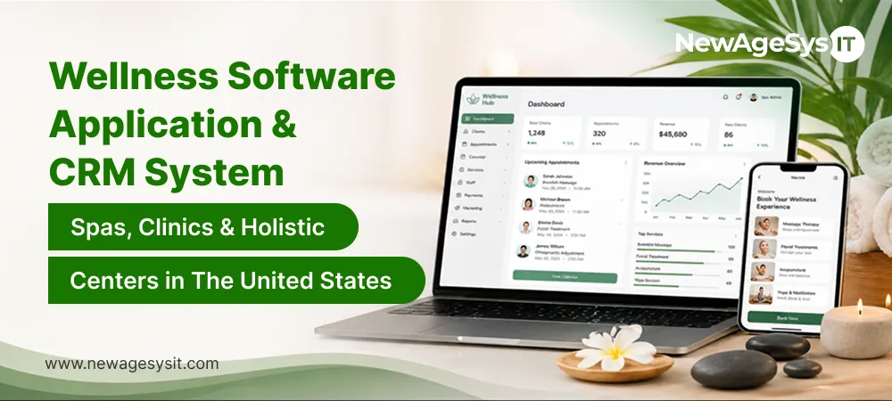 Wellness software and CRM system dashboard on laptop showing client appointments revenue overview and top services alongside a mobile booking app for US spas clinics and holistic centers