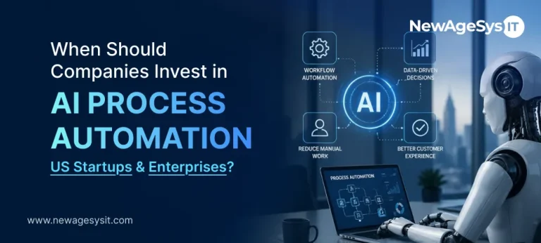 AI robot working at laptop with process automation diagram showing workflow automation data driven decisions reduce manual work and better customer experience for US startups and enterprises