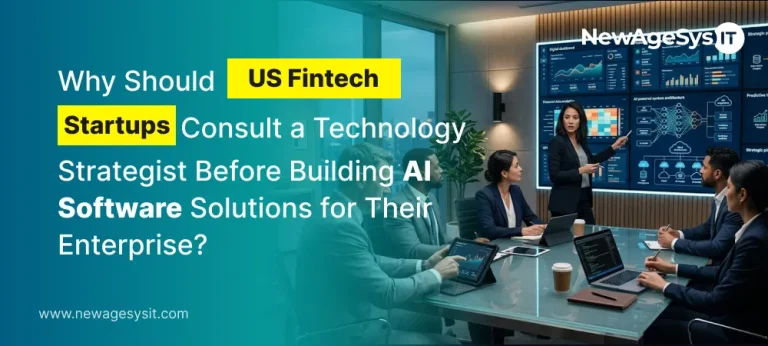 US FinTech startup team consulting a technology strategist before building AI software solutions for their enterprise