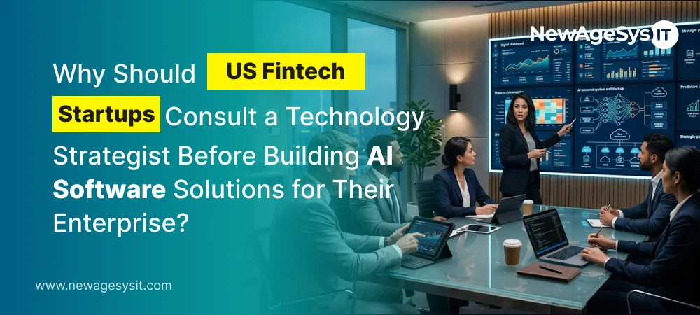 US FinTech startup team consulting a technology strategist before building AI software solutions for their enterprise