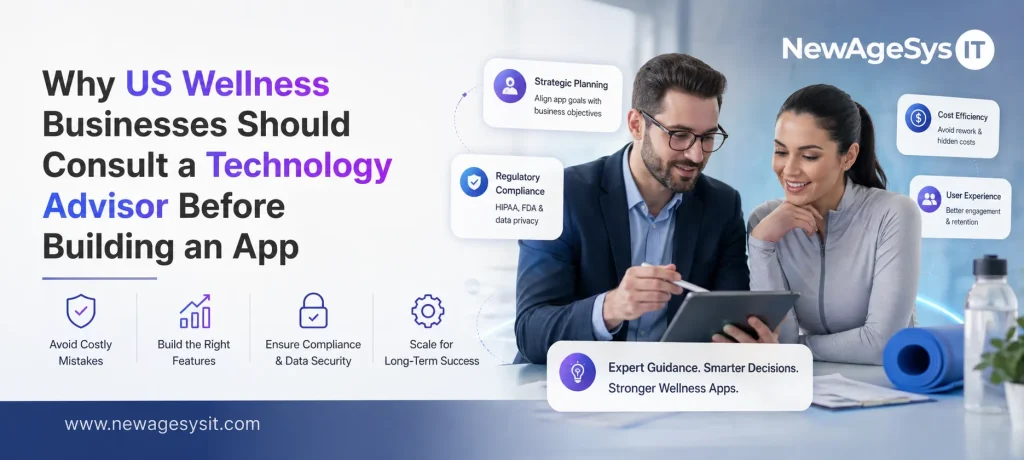 US wellness business owners consulting a technology advisor on tablet with strategic planning regulatory compliance cost efficiency and user experience benefit icons