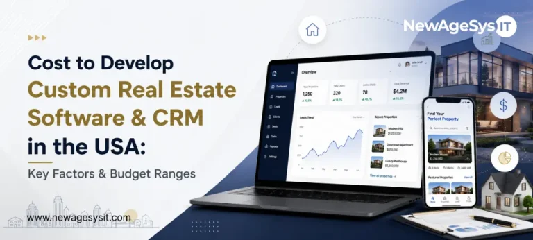 Real estate software cost banner with laptop CRM dashboard, property app phone, homes, and budget icons