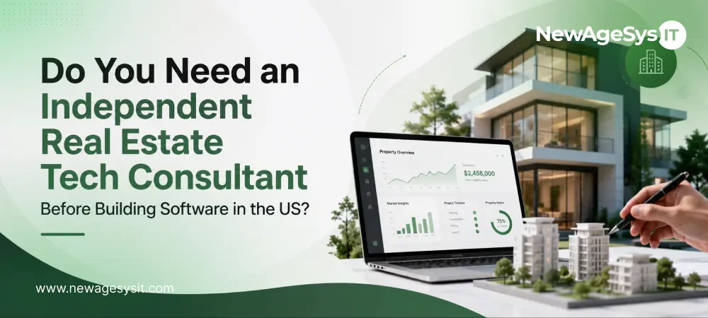 Real estate tech consultant banner with laptop analytics, modern home, property model, and hand holding pen