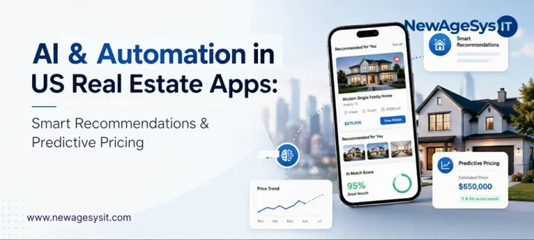 Banner for blog post "AI & Automation in US Real Estate Apps: Smart Recommendations & Predictive Pricing" showing AI-powered real estate technology concepts including property recommendations and automated valuation models. NewAgeSysIT provides AI-driven real estate app development with Fair Housing compliance.
