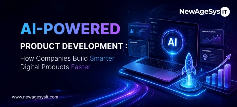 AI-powered product development dashboard on laptop with predictive analytics feature ideas and rocket launch representing smarter faster digital product building