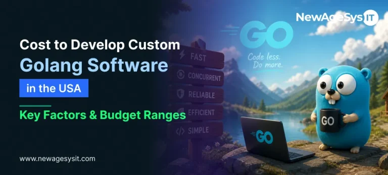 Golang gopher mascot with laptop beside signpost showing fast concurrent reliable efficient and simple Go language qualities representing custom Golang software development cost in the USA