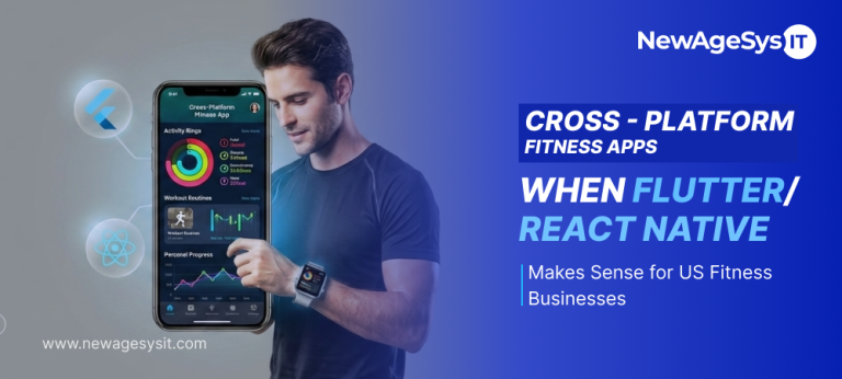 Banner for blog post "Cross-Platform Fitness Apps: When Flutter/React Native Makes Sense for US Fitness Businesses" comparing Flutter and React Native frameworks for cross-platform fitness app development. NewAgeSysIT provides cross-platform fitness app development with Flutter and React Native for iOS and Android deployment with wearable integration and health data compliance.