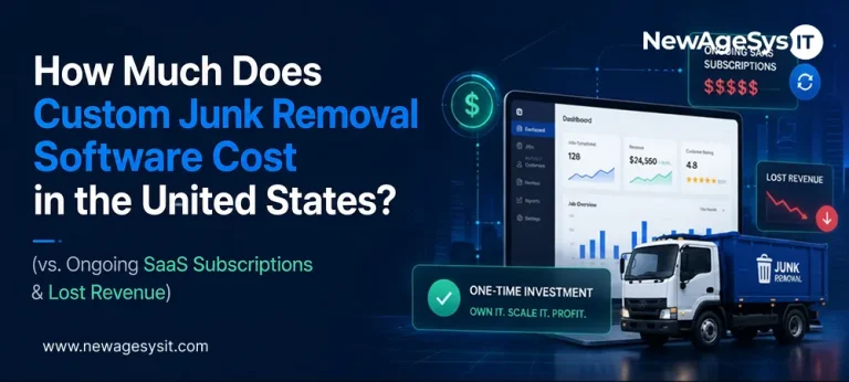 Banner for blog post "How Much Does Custom Junk Removal Software Cost in the United States? (vs. Ongoing SaaS Subscriptions & Lost Revenue)" comparing one-time custom software investment versus ongoing SaaS subscriptions with cost analysis. NewAgeSysIT provides custom junk removal software development with AI estimation, booking portals, and dispatch integration.