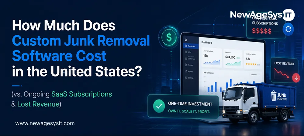 Banner for blog post "How Much Does Custom Junk Removal Software Cost in the United States? (vs. Ongoing SaaS Subscriptions & Lost Revenue)" comparing one-time custom software investment versus ongoing SaaS subscriptions with cost analysis. NewAgeSysIT provides custom junk removal software development with AI estimation, booking portals, and dispatch integration.