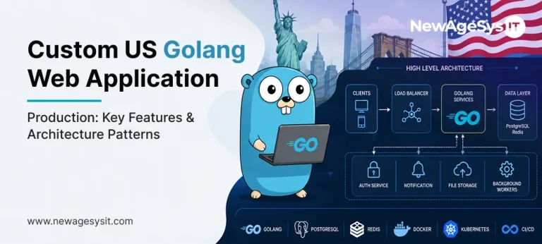 Golang web application architecture diagram showing load balancer Golang services data layer auth and background workers with Docker Kubernetes and CI/CD stack for US production