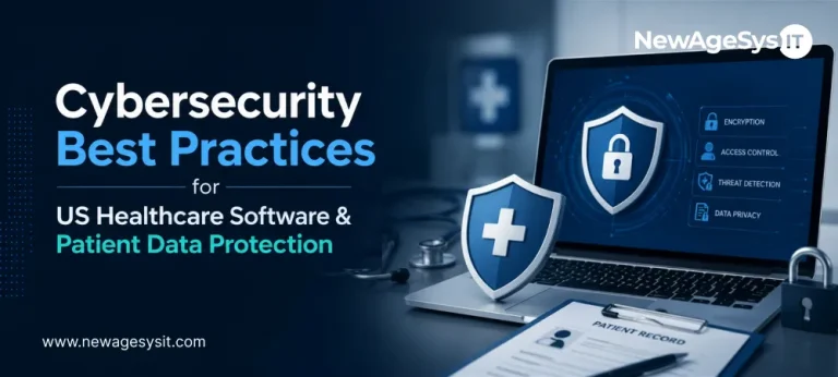 Banner for blog post "Cybersecurity Best Practices for US Healthcare Software & Patient Data Protection" covering healthcare data security including encryption, access control, and compliance. NewAgeSysIT provides secure healthcare software development with zero trust architecture and HIPAA-aligned controls.
