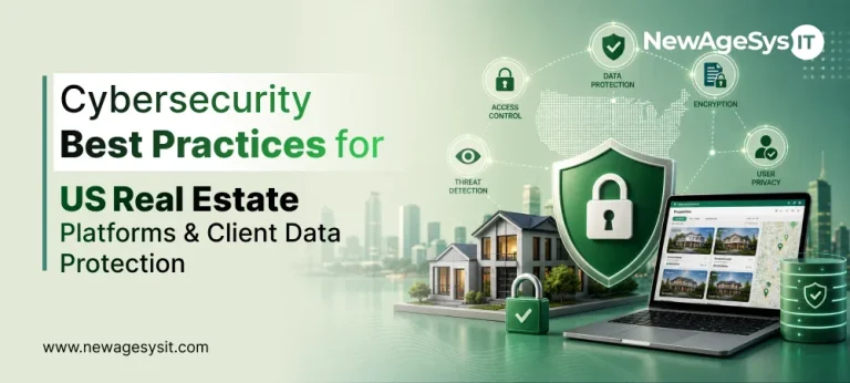 Cybersecurity best practices for US real estate platforms showing data protection access control encryption threat detection and user privacy shield over property and laptop