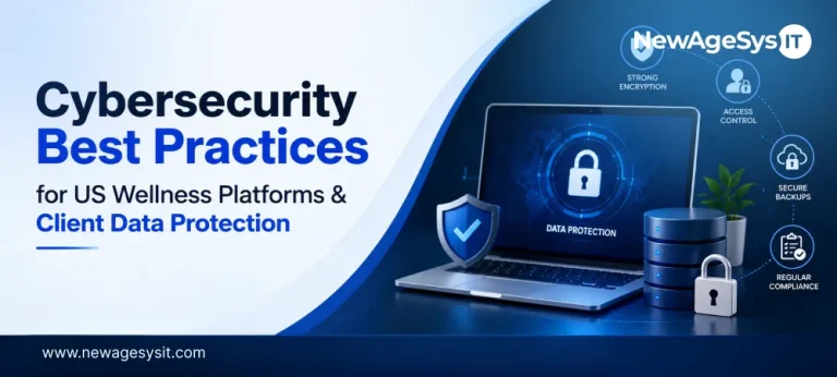 Banner for blog post "Cybersecurity Best Practices for US Wellness Platforms & Client Data Protection" featuring data protection and security concepts for wellness client information. NewAgeSysIT provides cybersecurity solutions for wellness platforms handling sensitive client data.