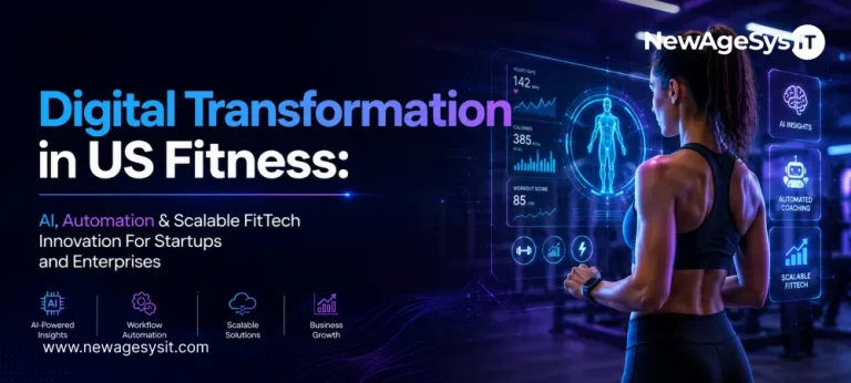 Banner for blog post "Digital Transformation in US Fitness: AI, Automation & Scalable FitTech Innovation for Startups and Enterprises" showing connected fitness technology concepts. NewAgeSysIT provides digital transformation solutions for US fitness businesses and FitTech platforms.