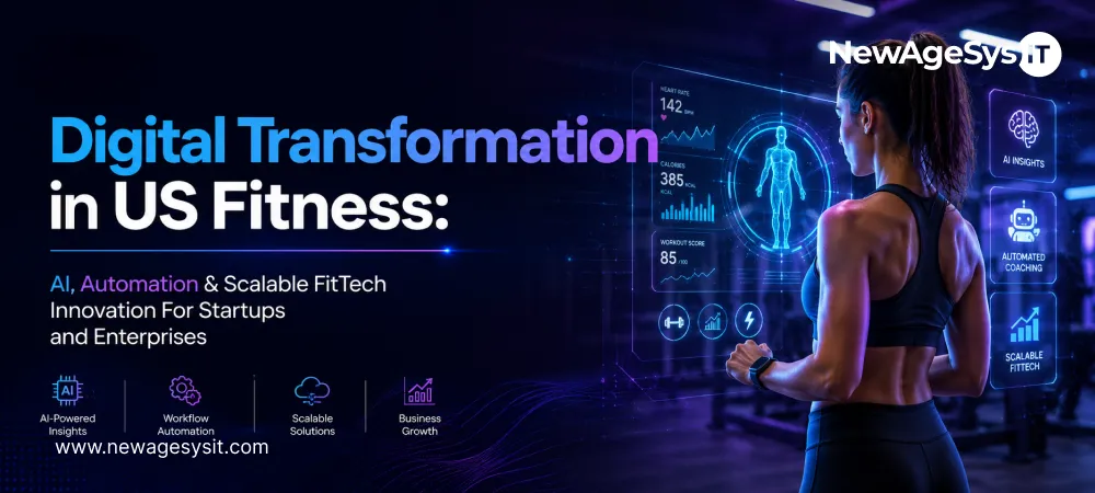 Banner for blog post "Digital Transformation in US Fitness: AI, Automation & Scalable FitTech Innovation for Startups and Enterprises" showing connected fitness technology concepts. NewAgeSysIT provides digital transformation solutions for US fitness businesses and FitTech platforms.