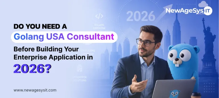 Business professional consulting with Golang gopher mascot on laptop representing Golang USA consultant services for enterprise application development in 2026