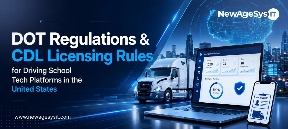 Banner for blog post "DOT Regulations & CDL Licensing Rules for Driving School Tech Platforms in the United States" covering DOT compliance, CDL licensing requirements, and regulatory adherence for driving school software. NewAgeSysIT provides driving school technology platforms with DOT vehicle compliance, CLP tracking, and CDL licensing pathway support.