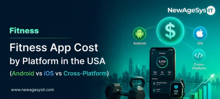 Banner for blog post "Fitness App Cost by Platform in the USA (Android vs iOS vs Cross-Platform) for Startups and Enterprises" showing platform cost comparison for fitness app development across Android, iOS, and cross-platform with metric 128. NewAgeSysIT provides fitness app development cost analysis and platform strategy for Android, iOS, and cross-platform solutions with wearable integration and health data compliance.