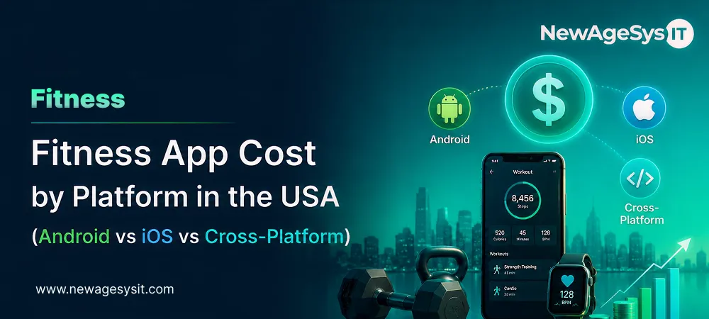 Banner for blog post "Fitness App Cost by Platform in the USA (Android vs iOS vs Cross-Platform) for Startups and Enterprises" showing platform cost comparison for fitness app development across Android, iOS, and cross-platform with metric 128. NewAgeSysIT provides fitness app development cost analysis and platform strategy for Android, iOS, and cross-platform solutions with wearable integration and health data compliance.