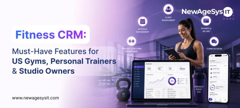 Fitness CRM dashboard on laptop with client management schedule billing and communication features alongside trainer using tablet app in gym with kettlebell