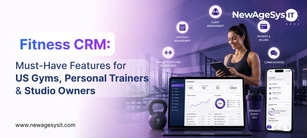 Fitness CRM dashboard on laptop with client management schedule billing and communication features alongside trainer using tablet app in gym with kettlebell