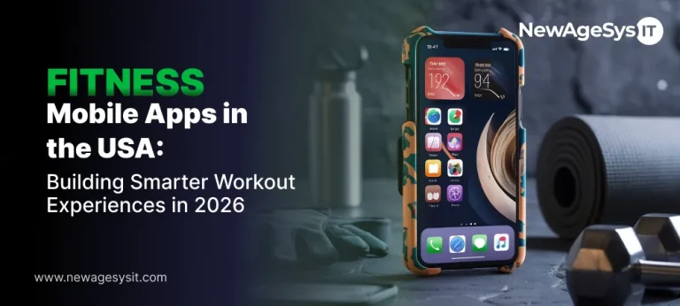 Fitness mobile app on smartphone with workout tracking metrics beside yoga mat and dumbbells representing smarter workout experiences in the USA in 2026