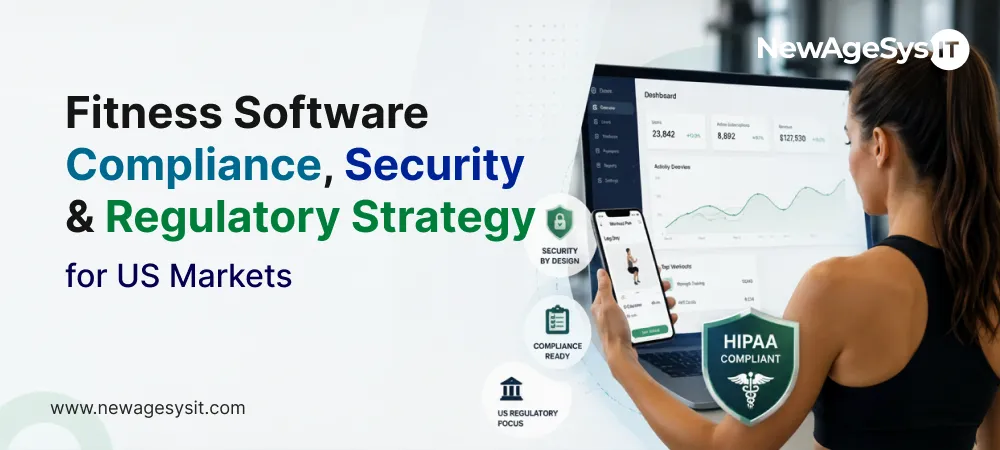 Banner for blog post "Fitness Software Compliance, Security & Regulatory Strategy for US Markets" covering HIPAA applicability, biometric privacy laws (BIPA/CUBI/MHMDA), CCPA, and FTC requirements for FitTech platforms. NewAgeSysIT provides compliance-aware fitness software development.