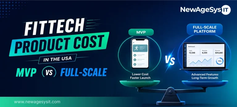 Banner for blog post "FitTech Product Cost in the USA: MVP vs Full-Scale Platform for Startups and Enterprises" showing cost comparison between MVP (lower cost, faster launch) and full-scale platform (advanced features, long-term growth) with metrics including $24,680. NewAgeSysIT provides FitTech development cost consulting and platform build services.