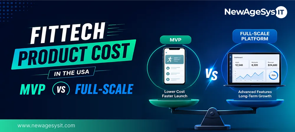 FitTech Product Cost in the USA: MVP vs Full-Scale Platform For Startups and Enterprises 1 Banner for blog post "FitTech Product Cost in the USA: MVP vs Full-Scale Platform for Startups and Enterprises" showing cost comparison between MVP (lower cost, faster launch) and full-scale platform (advanced features, long-term growth) with metrics including $24,680. NewAgeSysIT provides FitTech development cost consulting and platform build services.