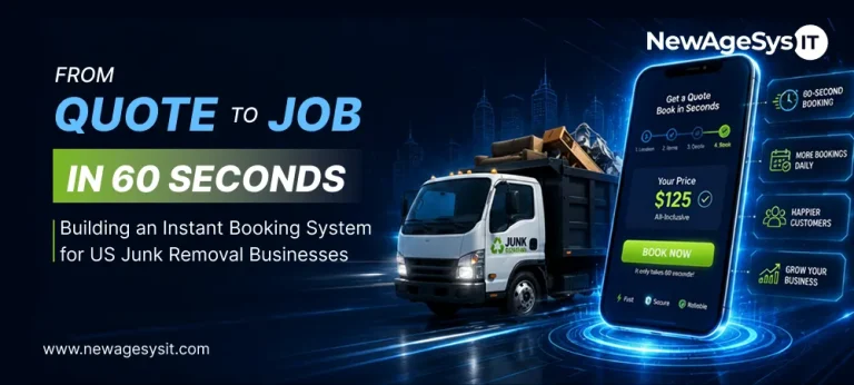 Junk removal truck beside instant booking app showing 60-second quote to job flow with price confirmation and book now button for US businesses