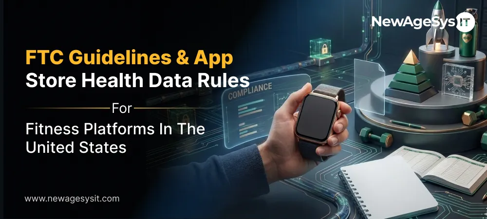 Banner for blog post "FTC Guidelines & App Store Health Data Rules for Fitness Platforms in the United States" featuring compliance and health data governance for fitness apps. NewAgeSysIT provides FTC-compliant fitness app development with App Store health data governance, auto-renewal compliance, and HealthKit/Health Connect policy adherence.