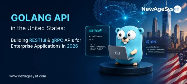 Golang gopher mascot with laptop showing RESTful API and gRPC code alongside a US city skyline representing enterprise API development in the United States