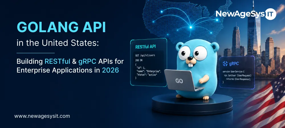 Golang gopher mascot with laptop showing RESTful API and gRPC code alongside a US city skyline representing enterprise API development in the United States
