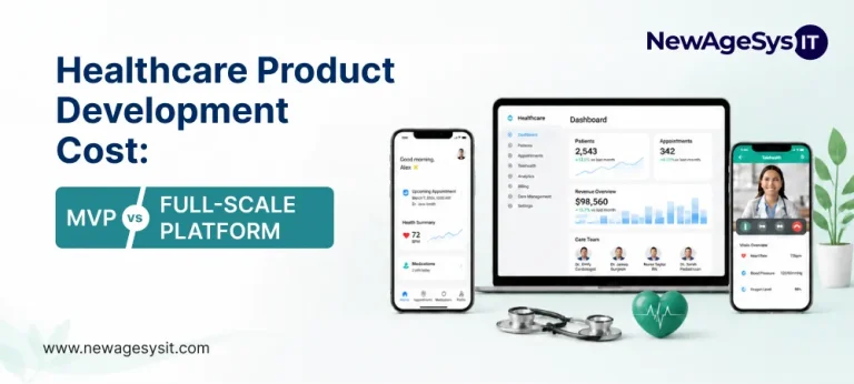 Banner for blog post "Healthcare Product Development Cost: MVP vs. Full-Scale Platform" comparing investment ranges for lean clinical MVPs versus production-grade health systems. NewAgeSysIT provides HIPAA-compliant healthcare software development.