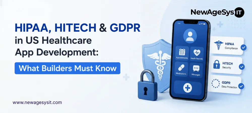 Banner for blog post "HIPAA, HITECH & GDPR in US Healthcare App Development: What Builders Must Know" covering healthcare app compliance requirements including HIPAA, HITECH, and GDPR for US developers. NewAgeSysIT provides compliance-first healthcare software development.
