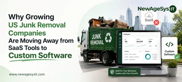 Banner for blog post "Why Growing US Junk Removal Companies Are Moving Away from SaaS Tools to Custom Software" comparing SaaS limitations versus custom software benefits for scalability and business growth. NewAgeSysIT provides custom junk removal software with AI estimation, branded booking, dispatch integration, and multi-location support.