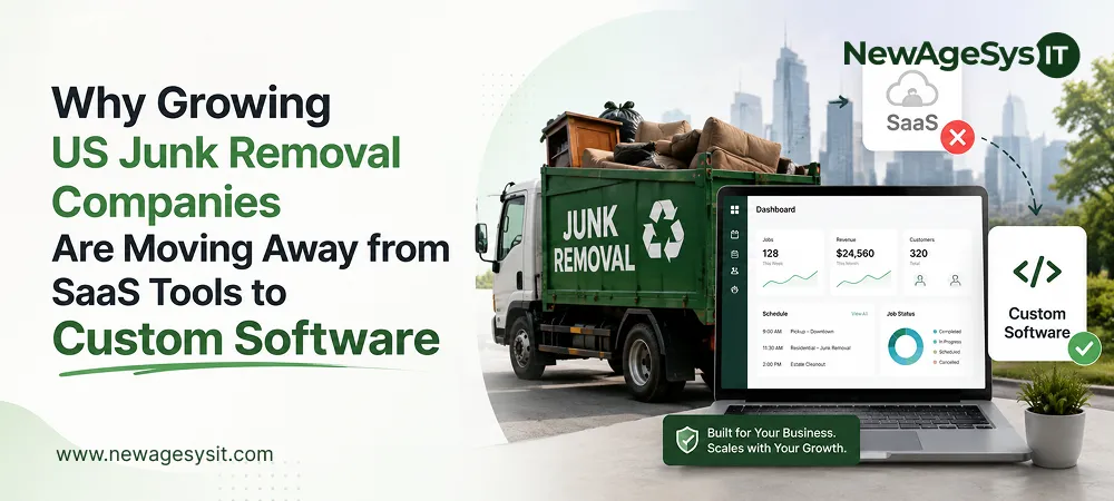 Banner for blog post "Why Growing US Junk Removal Companies Are Moving Away from SaaS Tools to Custom Software" comparing SaaS limitations versus custom software benefits for scalability and business growth. NewAgeSysIT provides custom junk removal software with AI estimation, branded booking, dispatch integration, and multi-location support.