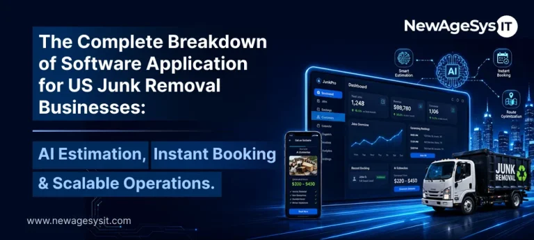 Banner for blog post "The Complete Breakdown of Software Application for US Junk Removal Businesses" covering AI estimation, instant booking, and scalable operations. NewAgeSysIT software solutions for junk removal companies in the USA.