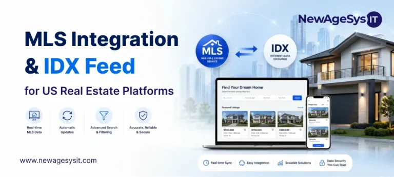 MLS and IDX integration banner: real-time sync, easy integration, scalable solutions, and data security for US real estate platforms.