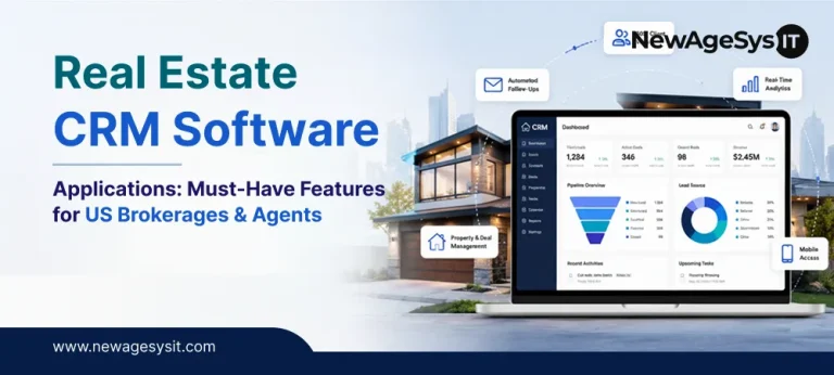 Informational banner showing real estate CRM software applications with property and deal management features for US brokerages.