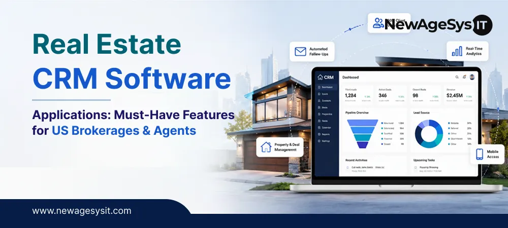 Informational banner showing real estate CRM software applications with property and deal management features for US brokerages.