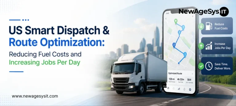 Banner for blog post "US Smart Dispatch & Route Optimization: Reducing Fuel Costs and Increasing Jobs Per Day" showing route optimization metrics (128 mi, 4h32m, $64) for junk removal fleet management. NewAgeSysIT provides smart dispatch and route optimization software for junk removal businesses to reduce fuel costs and increase jobs per day.